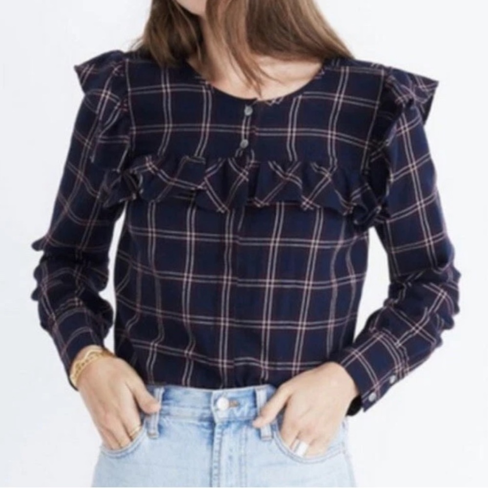 Madewell Women’s Plaid Ruffle-Yoke Long Sleeve Blouse Navy Blue & Burgundy Sz XL